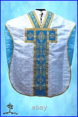 AM Embroidery-METALLIC SILVER Chasuble. St. Philip Neri Style vestment & mass set