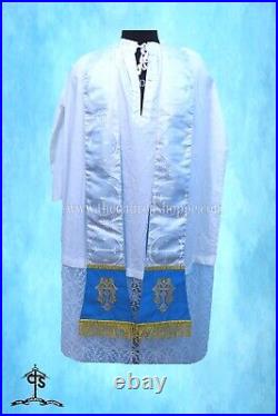 AM Embroidery-METALLIC SILVER Chasuble. St. Philip Neri Style vestment & mass set