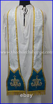 AVE MARIA Marian blue with silver brocade Fiddleback Chasuble Mass Vestment set