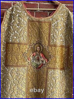Antique Fiddleback chasuble-Embroidered Jesus-Gold Leaf Motif-silk-damask