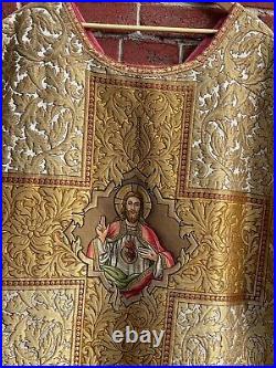 Antique Fiddleback chasuble-Embroidered Jesus-Gold Leaf Motif-silk-damask