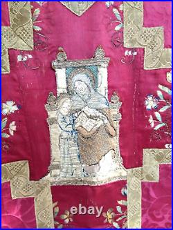Antique Red Fiddleback Chasuble Vestment, Tapestry, Anne, Mary, Saints, 18th C