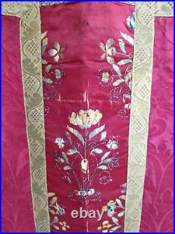 Antique Red Fiddleback Chasuble Vestment, Tapestry, Anne, Mary, Saints, 18th C