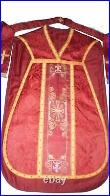 Antique Red Roman Chasuble with Hand Done Embroidery and Stole