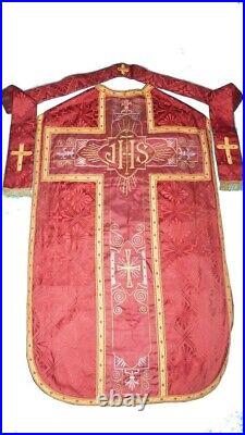 Antique Red Roman Chasuble with Hand Done Embroidery and Stole