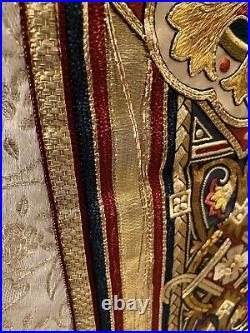 Antique Vtg Catholic Church Chasuble Vestment Ivory/Gold Damask Ornate Bands L-C