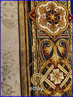 Antique Vtg Catholic Church Chasuble Vestment Ivory/Gold Damask Ornate Bands L-C