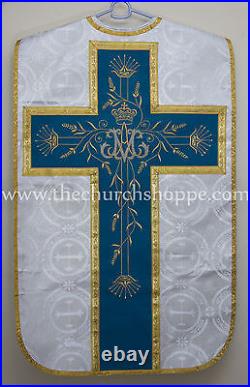 Ave new Maria Silver Brocade Marian Chasuble Vestment Fiddleback 5pc mass set