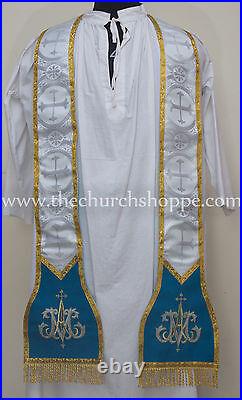 Ave new Maria Silver Brocade Marian Chasuble Vestment Fiddleback 5pc mass set