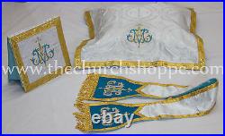 Ave new Maria Silver Brocade Marian Chasuble Vestment Fiddleback 5pc mass set