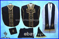 BLACK Chasuble. St. Philip Neri Style vestment & mass set, CHI RHO Embroidery