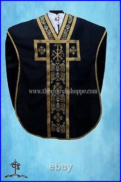 BLACK Chasuble. St. Philip Neri Style vestment & mass set, CHI RHO Embroidery