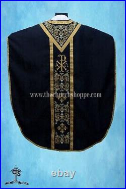 BLACK Chasuble. St. Philip Neri Style vestment & mass set, CHI RHO Embroidery