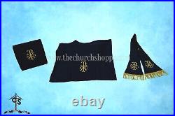 BLACK Chasuble. St. Philip Neri Style vestment & mass set, CHI RHO Embroidery