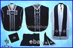 BLACK Chasuble. St. Philip Neri Style vestment & mass set, IHS Embroidery