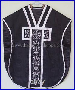 BLACK Chasuble. St. Philip Neri Style vestment & mass set, IHS Embroidery