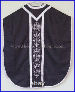 BLACK Chasuble. St. Philip Neri Style vestment & mass set, IHS Embroidery