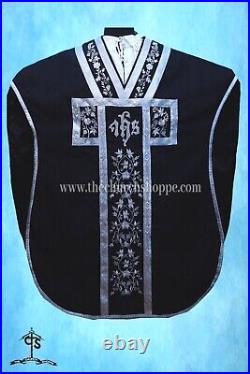 BLACK Chasuble. St. Philip Neri Style vestment & mass set, IHS Embroidery