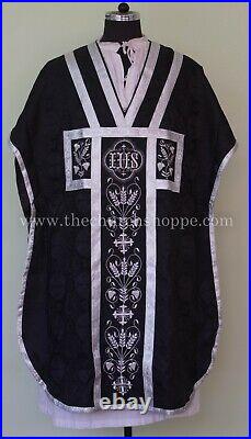 BLACK Chasuble. St. Philip Neri Style vestment & mass set, IHS Embroidery