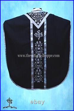 BLACK Chasuble. St. Philip Neri Style vestment & mass set, IHS Embroidery