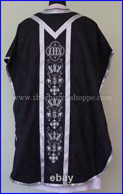 BLACK Chasuble. St. Philip Neri Style vestment & mass set, IHS Embroidery