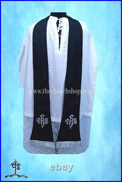 BLACK Chasuble. St. Philip Neri Style vestment & mass set, IHS Embroidery