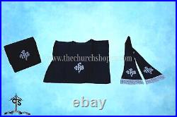 BLACK Chasuble. St. Philip Neri Style vestment & mass set, IHS Embroidery