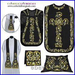 BLACK Roman Chasuble Fiddleback Vestment & 5 pcs mass set IHS embroidery, FELT