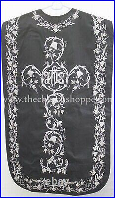 BLACK Roman Chasuble Fiddleback Vestment & 5 pcs mass set IHS embroidery, FELT