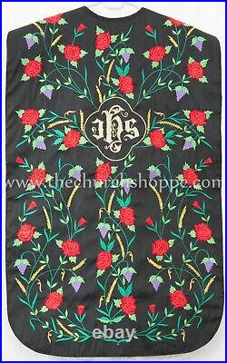 BLACK Roman Chasuble Fiddleback Vestment & 5pc mass set IHS embroidery