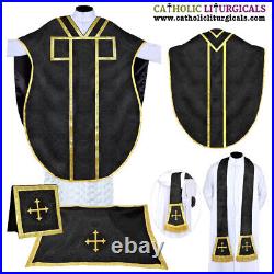 Black Chasuble. St. Philip Neri Style vestment Stole & mass set 5 pc, Vestment