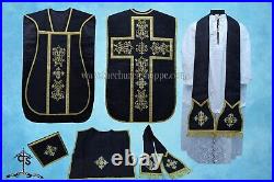 Black Roman Chasuble Fiddleback Vestment and Mass set, IHS embroidery