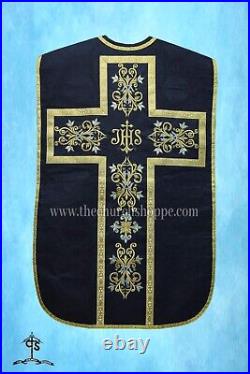 Black Roman Chasuble Fiddleback Vestment and Mass set, IHS embroidery