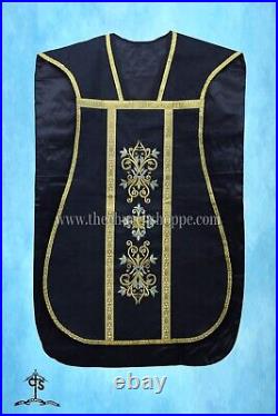 Black Roman Chasuble Fiddleback Vestment and Mass set, IHS embroidery