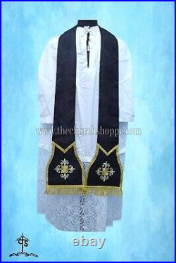 Black Roman Chasuble Fiddleback Vestment and Mass set, IHS embroidery