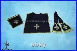 Black Roman Chasuble Fiddleback Vestment and Mass set, IHS embroidery