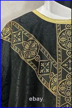 Black chasuble Semi Gothic style Vestment, woven orphrey, golden trim