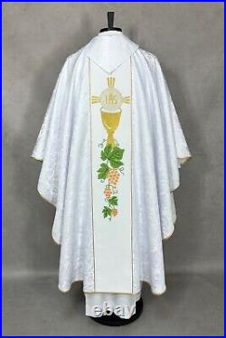 CHASUBLE Gothic style vestment, Damask, White, embroidered