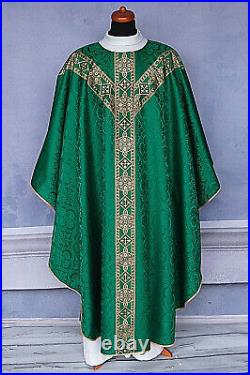 CHASUBLE Green Semi Gothic style vestment, damask, woven orphrey