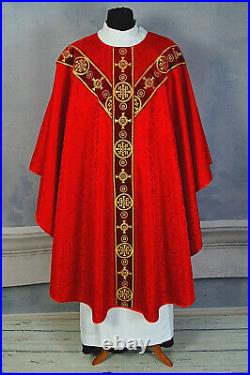 CHASUBLE Red Semi Gothic vestment, Damask/velvet + Maniple Chalice Veil and Burse