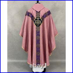 CHASUBLE Rose/Pink Semi Gothic style vestment, damask, woven orphrey, embroidery