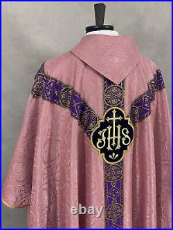 CHASUBLE Rose/Pink Semi Gothic style vestment, damask, woven orphrey, embroidery