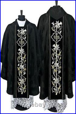 CHASUBLE black Gothic vestment, Damask/velvet, embroidery