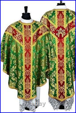 CHASUBLE brocade Semi-Gothic style, embroidered IHS burse maniple chalice veil