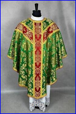 CHASUBLE brocade Semi-Gothic style, embroidered IHS burse maniple chalice veil