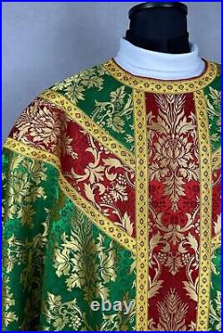 CHASUBLE brocade Semi-Gothic style, embroidered IHS burse maniple chalice veil