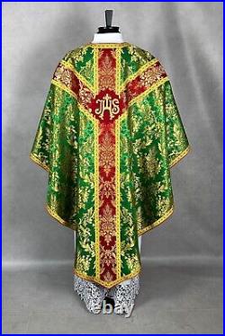 CHASUBLE brocade Semi-Gothic style, embroidered IHS burse maniple chalice veil