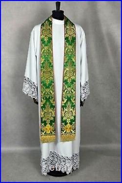 CHASUBLE brocade Semi-Gothic style, embroidered IHS burse maniple chalice veil