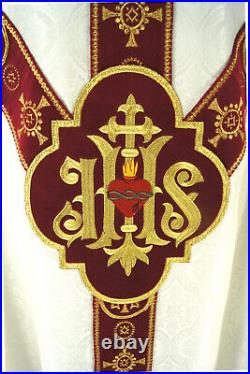 CHASUBLE ecru Semi-Gothic style vestment, damask/velvet, embroidery