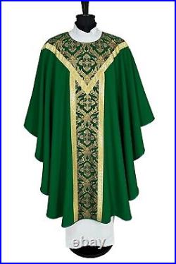 CHASUBLE plain Green with Brocade fabric orphrey SEMI Gothic style vestment